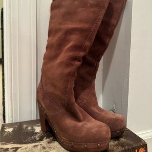 Ugg Lillian Tall Chestnut Suede & Shearling Knee-High Platform Clog Boots